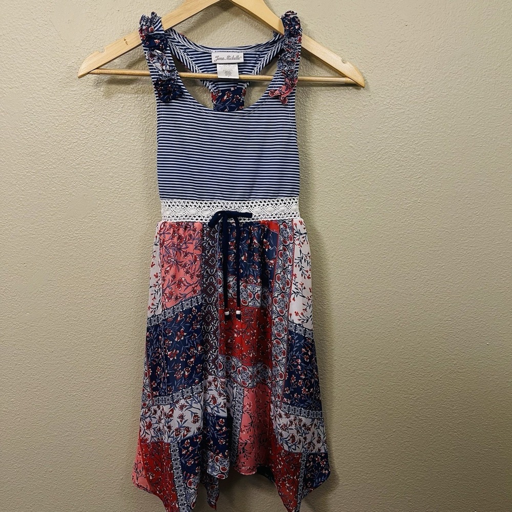 Jona Michelle Girls Americana Patchwork Summer Dress Patriotic 4th July Size 7‎